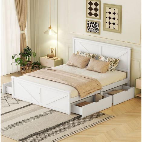 Lit en bois de pin blanc 160x200 cm avec tête de lit, sommier à lattes et 4 tiroirs de rangement (1/5)