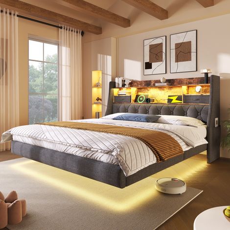 Letto matrimoniale 180x200 cm con LED e USB, testiera con contenitore, in tessuto di lino grigio, senza materasso (1/5)