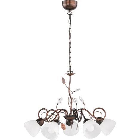 Lampadario Lustre Lustre lampada a sospensione soggiorno, metallo 5 fiamme, vetro color ruggine antico, foglie in cristallo, 5x E14, DxH 70x150 cm