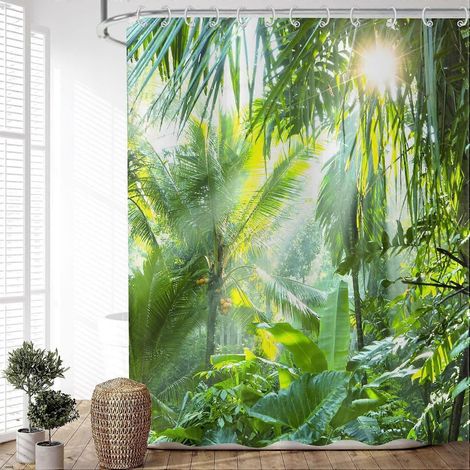 Rideau de douche Forêt 180x180 cm, motif paysage naturel forêt verte, rideau de douche en textile imperméable et lavable pour baignoire avec 12 crochets (1/5)