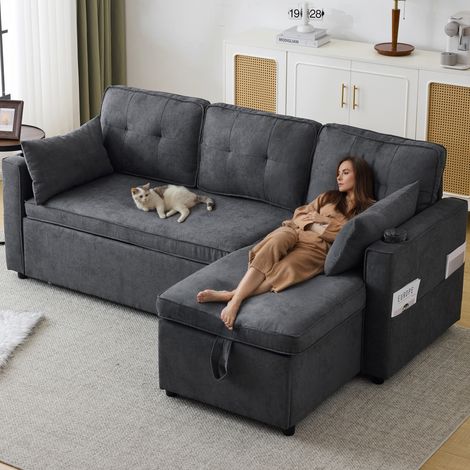 3-in-1 Convertible Sofa Bed with Internal Storage Chaise, L Shaped Sleeper Sofa Couches with Cup Holders, Pillows and Storage Pocket for Living Room/Bedroom, Grey