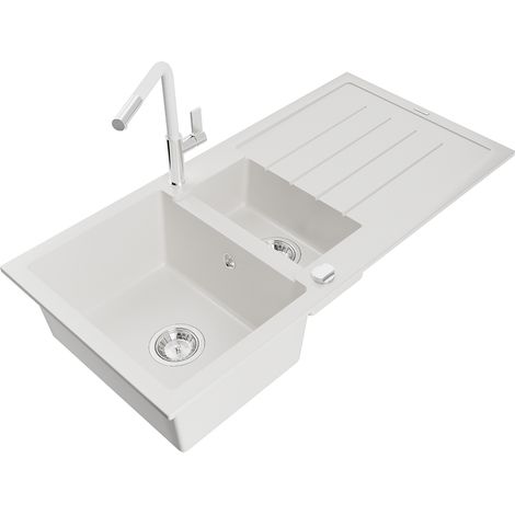 Mexen Andres évier en granit 1,5 bac avec égouttoir et robinet Flora, blanc - 6515-20-670401-02 (1/5)
