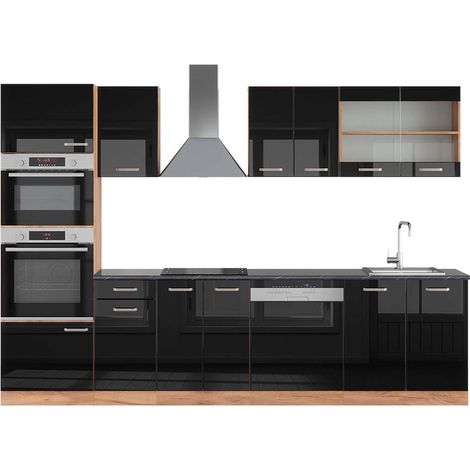 Mueble de cocina R-Line, Roble negro/dorado de alto brillo, 300 cm con armario alto, ET Antracita, Vicco