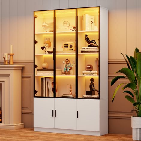 Vitrine 120 x 32 x 200 cm, vitrine sur pied à 6 portes, meuble haut, vitrine en verre avec éclairage LED, meuble de salon de 120 cm de large, meuble multifonctionnel, grand meuble, blanc (1/4)