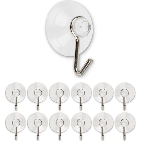 12 x Crochets à ventouses, Diamètre Ø 20 mm, Transparents, Avec crochet métallique pour salle de bain, cuisine, carrelage mural, verre, miroir, Usage universel, Sans perçage ni collage, 12 x Ventouse (1/5)