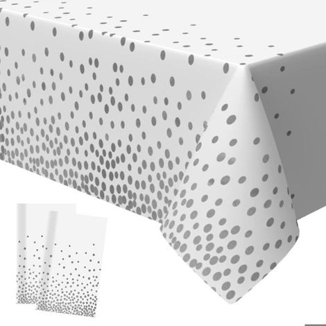 2 Stücke 137 x 274 cm, Tischdecke mit silber-weißen Punkten – rechteckige Abdeckung für Feste und Geburtstagsdekoration.