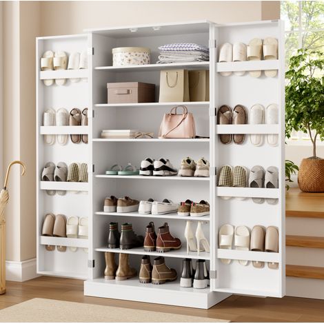 MODFU – Zapatero 80x40x160 cm con estantes ajustables, compartimentos en puerta y sistema antivuelco – Blanco (1/5)