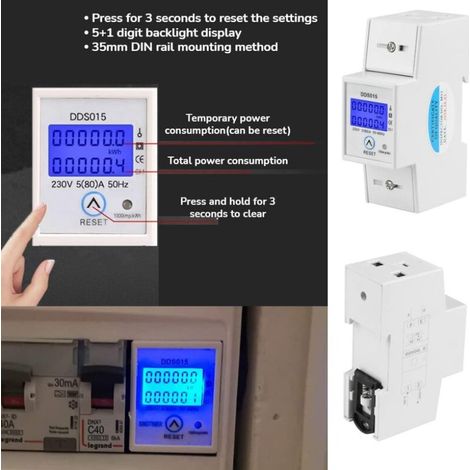 Compteur d'Énergie Monophasé 5-80A 230V 50Hz Compteur d'Énergie Monophasé de Rétroéclairage LCD, Compteur KWh Montage sur Rail DIN DDS015, Mètre Watt KWh(230V 5-80A 50Hz) MNS (1/4)