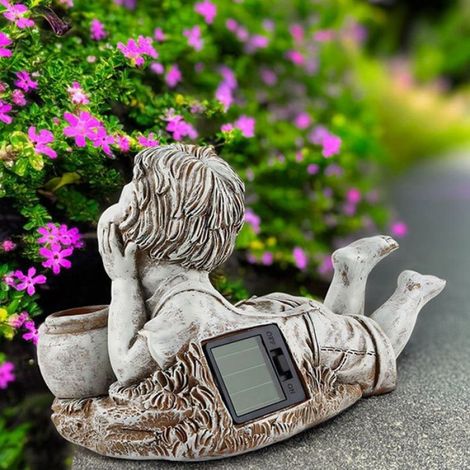 Enfant avec des Lumières Solaires Décoration de Jardin Statue Extérieure Pot en Résine Garçon Parterre de Fleurs Cour Sculpture (1/5)