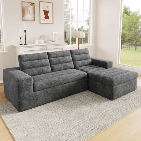 Divano angolare modulare a L 253x161x89 cm, senza struttura, componibile, in ciniglia grigio chiaro (1/5)