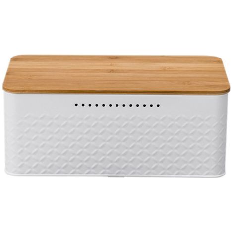 Boîte à pain,avec couvercle en bambou [fonction 2 en 1] - Peut être utilisée comme planche à découper, en acier au carbone pour une longue fraîcheur,Livré avec un sac (blanc, 33,2 x 19 x 13 cm) (1/5)
