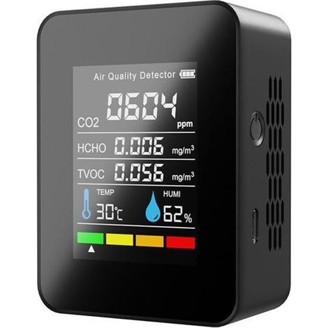Rilevatore di CO2 per interni 5 in 1, monitor della qualità dell'aria, tester di formaldeide, tester di temperatura e umidità HCHO/TVOC con display LCD, misuratore di allarme CO2 ricaricabile per came (1/4)