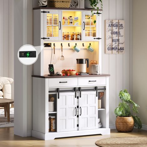 Buffet de cuisine blanc 180x108x40 cm, avec LED RGB, prise 2 AC + 2 USB, 6 tiroirs, étagères réglables et crochets (1/5)