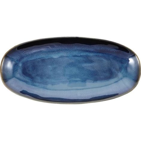 Ovale Servierschale aus glasierter Keramik, geeignet für Sushi, Obst und Vorspeisen, mikrowellen- und spülmaschinenfest, blau, 34,7 x 16,8 x 3,5 cm (1/5)