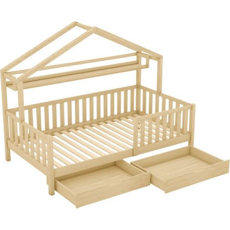 Lit enfant en bois avec tiroirs 90x200 cm avec sommier à lattes, chambre d'enfant et d'adolescent, couleur naturelle (1/5)