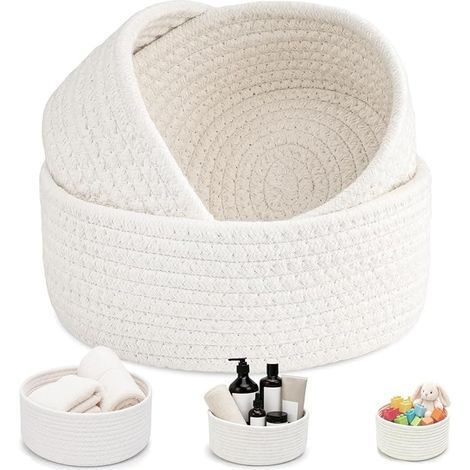Panier Rangement Salle de Bain Tressé Coton Blanc (1/5)