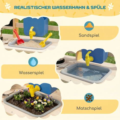 Cuisine enfant extérieur en bois naturel avec robinet, évier, plaque cuisson, compartiment rangement et réservoir eau - Jeu d’extérieur