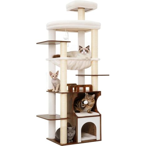 Arbre à Chat, 180 cm Tour de Jeux pour Chats Adulte, Tour Chat Moderne avec Niche à Chat en Bois à Deux étages, 2 Plateformes, Hamac et Poteaux à Griffer, Brun Rustique GCT102SR (1/5)