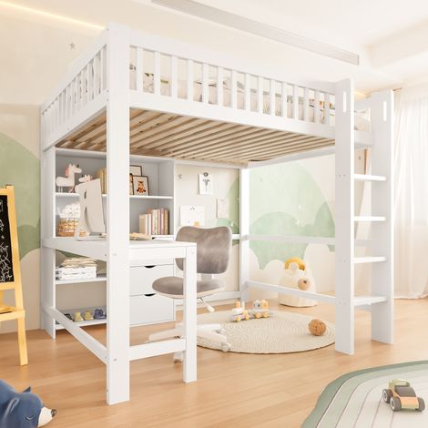 Lit mezzanine 140 x 200 cm enfant en pin blanc avec bureau et rangements – couchage (1/5)