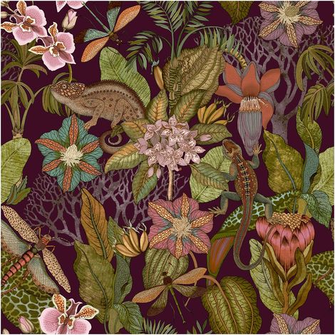 Exotic Tropical Wallpaper Plum Green Pink Orange Floral Botanical 10m Roll (1/4)