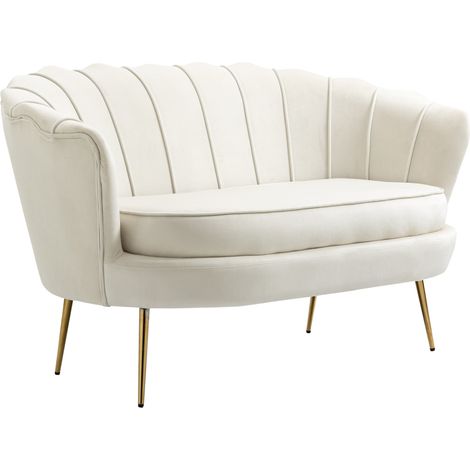 Loveseat 2 places en velours crème avec accoudoirs, cadre acier galvanisé, 130x77x77 cm (1/5)