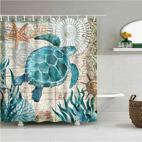 Raylang Home Duschvorhang, waschbar, wasserdicht und schimmelresistent Gedruckt mit Badvorhängen mit elegantem Muster und 12 Ringhaken 180 x 180 cm (Bunte Schildkröte) (1/5)
