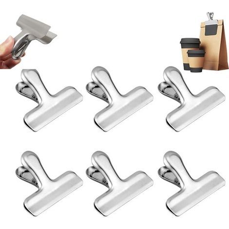 Lot de 6 pinces à sacs en acier inoxydable – Pinces de fraîcheur et de fermeture de sacs 76 mm – Pinces hermétiques robustes pour sacs alimentaires, papier et rangements de cuisine – Argent réutilisab (1/5)