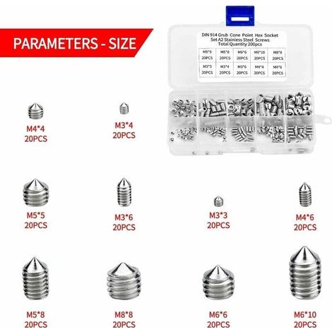200pcs Vis Pointeau Vis Sans Tête Hexagonale, M3 M4 M5 M6 M8 Tête Conique Acier Inoxydable 304, Vis de pression，Kits de Vis à Six Pans Creux Coupelle (1/4)
