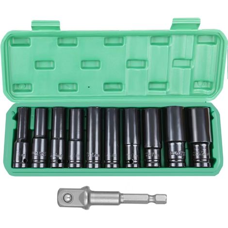 Coffret Douille Hex Longue 1/2, douille Cle a Choc avec Coffret en Plastique 10, 12, 13, 14, 15, 16, 17, 19, 22, 24 mm (1/5)