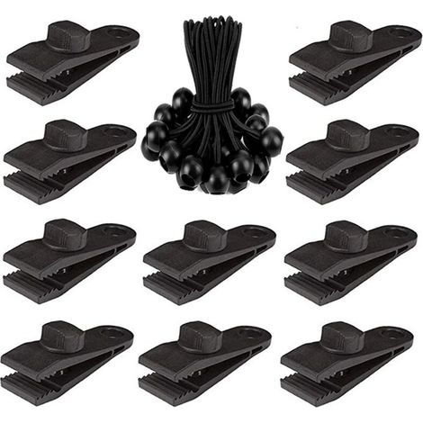 MINKUROW Stück Planenklammern, Vorzeltklammer, Campingzeltklammer zum Spannen und Fixieren von Zelt, Boot, Tarps sowie Sonnensegel und Werbebanner (10 Klammern + 10 schwarze Gummibänder) (1/5)