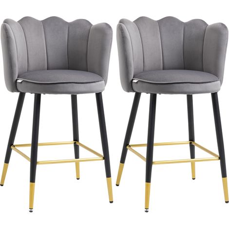 Ensemble de 2 tabourets de bar en velours avec repose-pieds et piètement en acier. 59 x 52 x 90 cm. Gris.