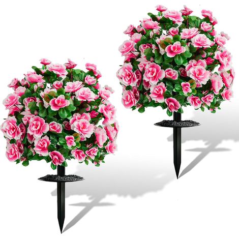 2 pièces Plantes Artificielles Azalée avec Piquets, Décoration de Jardin Extérieur pour Allée et Véranda-Rose (1/5)