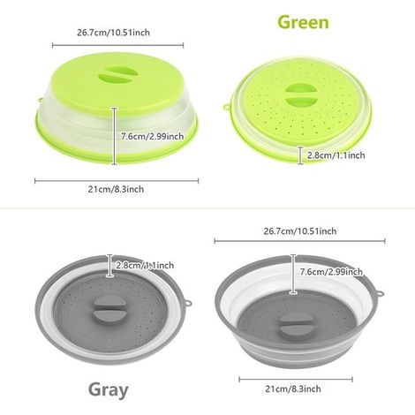 Tapa plegable para microondas,26,5 cm,2 unidades,tapa plegable para microondas con gancho,para verduras y frutas (gris + verde) (1/5)