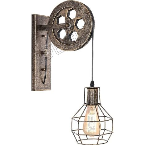 Applique Murale Industrielle, Lampe Murale Vintage Style Poulie Rétro E27 Luminaire en Bois et Fer Lampe Supension pour Salon Restaurant Bar - Rouille Bronze (1 Pièce) (1/5)