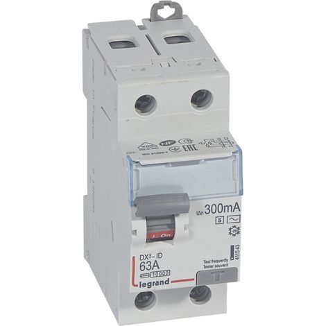 Interrupteur différentiel DX³-ID arrivée haute départ bas vis 2 Pôles 230V 63A type AC 300mA sélectif 2 modules LEGRAND 411543