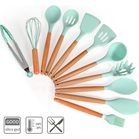 11-teiliges Küchenhelfer-Set aus Silikon mit mehrfarbigen Holzgriffen – Antihaft-Pfannenwender und hitzebeständiges Zubehör – Komplettes Set für Töpfe und Pfannen-x (1/2)