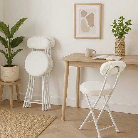 Lot de 4 Chaises Pliante Tabourets Pliable Coussin Rond en Fourrure avec Dossier et Repose-Pieds, Siège de 49 cm de Haut, Style Scandinave, Blanc (1/5)