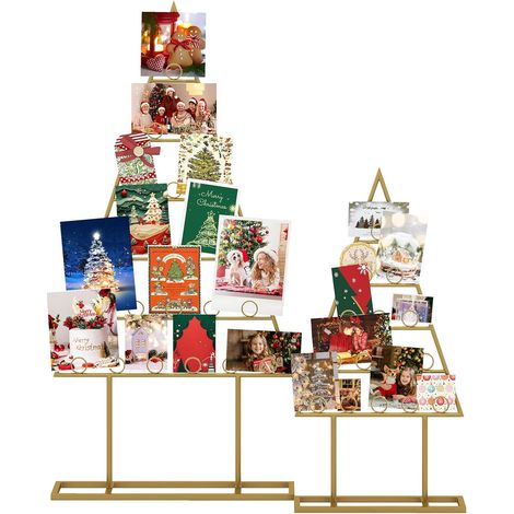 COSTWAY 2 PCS Presentoir Carte Postale, 15+21 Pinces Rond, Support Photo de Style Sapin de Noël, Tourniquet Carte Postale en Métal, Decoration Noel Interieur pour Maison Bureau École, Or (1/5)