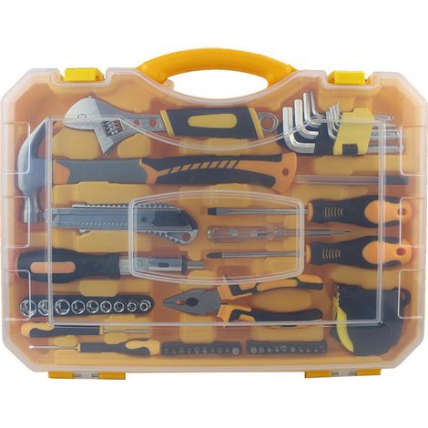 Coffret d'outils à main avec boîte transparente en plastique, kit de réparation domestique avec outils en acier chromé, 88 pièces