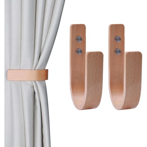 Lot de 2 embrasses de Rideaux en Bois en Forme de U - Fixation Murale pour Rideaux (Wood, 2) (1/5)