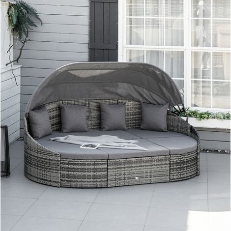 Garten Lounge-Set aus Metall 4-Sitzer grau, 4-teiliges PE-Rattan-Set mit einziehbarem Sonnendach und waschbaren Kissenbezügen (1/5)