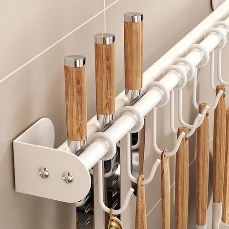 Porte-ustensiles de cuisine blanc, barre de suspension murale sans perçage, support pour ustensiles de cuisine, adhésif puissant, porte-cuillères et spatules, barre simple blanche de 40 cm avec 8 croc (1/5)