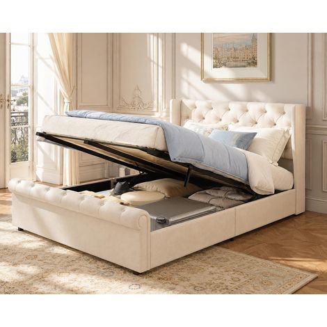 Lit coffre 160x200 cm, lit double avec rangement hydraulique et port USB lampes de lecture, tête de lit capitonnée en velours, sommier à lattes, Beige (1/5)