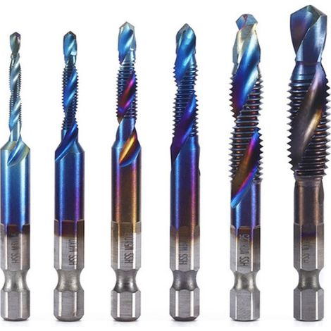 Vástago hexagonal con revestimiento de titanio HSS, rosca de tornillo, macho de roscar métrico y brocas, juego de máquinas herramienta M3 M4 M5 M6 M8 M10, herramientas manuales (azul, 6 piezas) (1/4)
