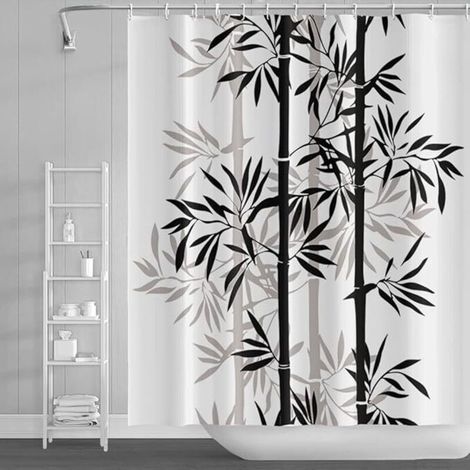 150x180cm Bambou Feuilles Rideau de Douche Noire Blanc Abstrait Bambou Plante Rideau de Bain Peinture à l'encre Rideau de Baignoire pour Enfants Salle Bains Polyester avec Crochets (1/5)