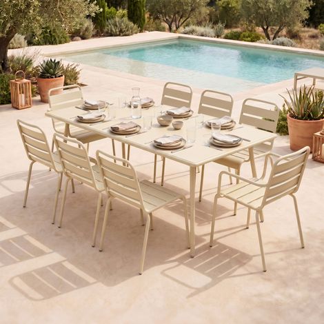 Table de jardin 180 cm + 6 chaises + 2 fauteuils en métal crème - BACA (1/5)