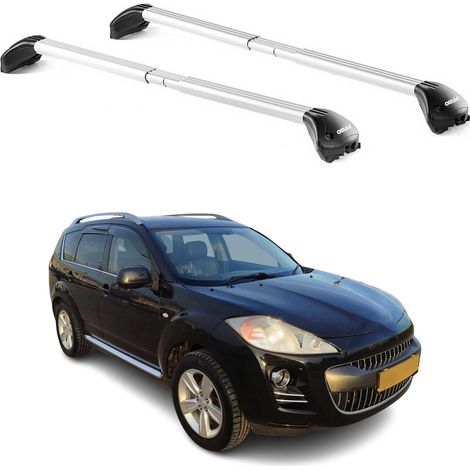 OMAC Barres de toit transversales certifiées TÜV pour Peugeot 4007 2007-2012 – Verrouillables (4 antivols) – Charge max 100 kg – Sangle inox + protection caoutchouc Argent (1/5)
