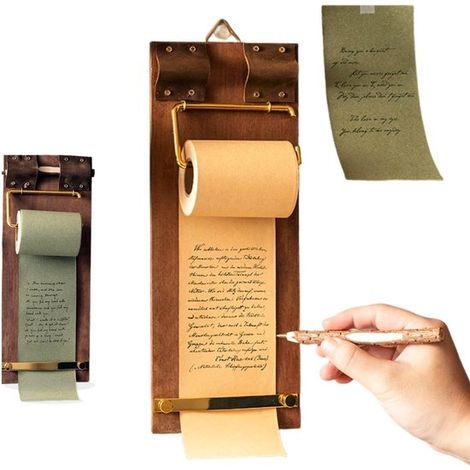 Tablero notas madera vintage portapapeles, 2 rollos papel punteado + corte + bolígrafo madera, Papel kraft recargable / oficina / Tablero notas / (1/5)