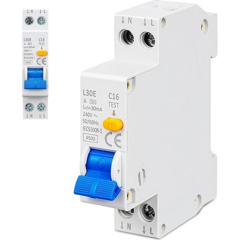 Disjoncteur FI/LS 30mA Disjoncteur Différentiel RCBO 16A, Type A 1P+N, Interrupteur Différentiel, Interrupteur de Protection FI LS, Protection Contre les Surcharges et les Fuites, Montage sur rail DIN (1/5)