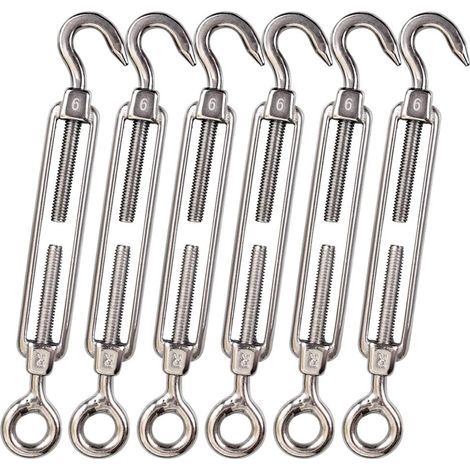 M6 Hook & Eye/C to O Turnbuckle 304 Stainless Steel, Hardware Kit for Wire Rope Tension Heavy Duty, for Sun Shade, Tent Installation, Anti-Rust, 6 Packs (1/4)
